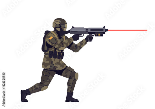 Camo soldier aims futuristic gun beam extends from the barrel