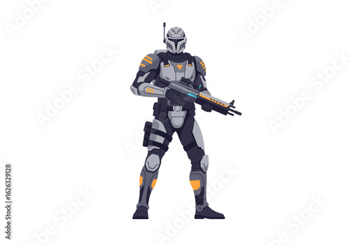 Armored futuristic bounty hunter with rifle ready for action