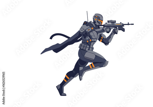 Cybernetic marksman in action armed armored and on the move