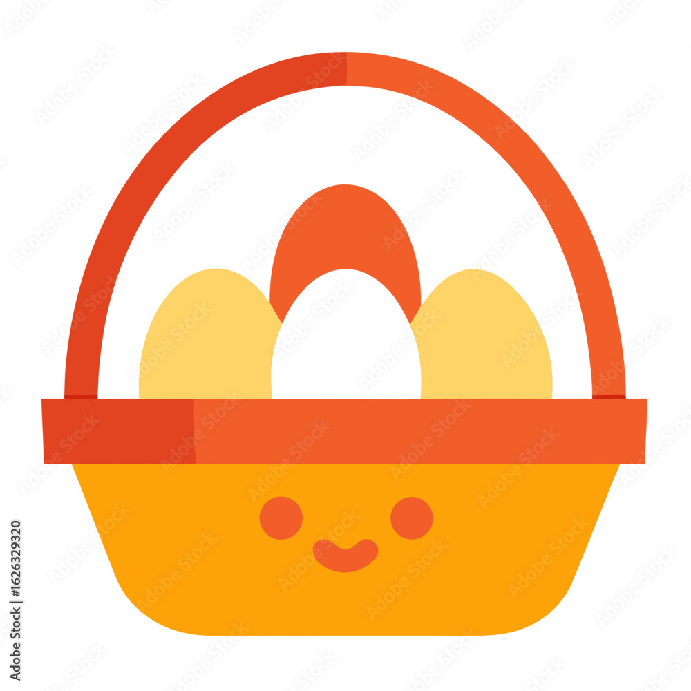 Fototapeta premium Cute cartoon easter basket filled with colorful eggs and a happy smiling face on a black background