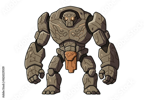 Towering rock golem with glowing eyes ancient engravings  earthy tones stands defiant