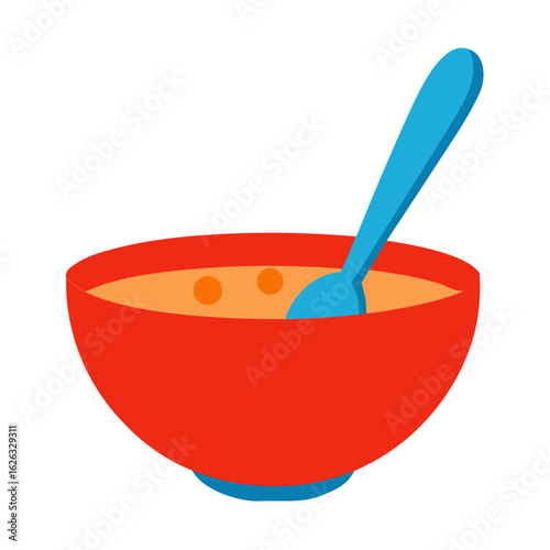 A vibrant red bowl filled with delicious orange soup and a blue spoon resting inside