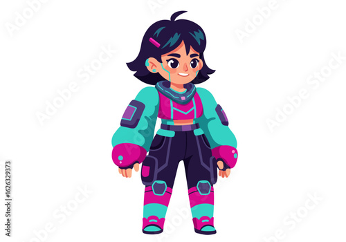 Cyberpunk Girl Turquoise  Magenta Heroine Ready for Adventure