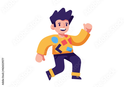 Funky fella struts with a smile geometric shapes on his shirt vibrant colors fill the scene