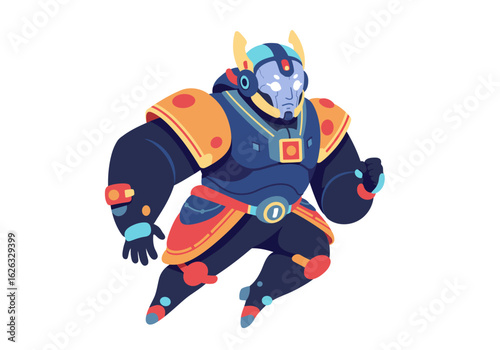 Heroic RoboKnight A futuristic warrior poses midaction