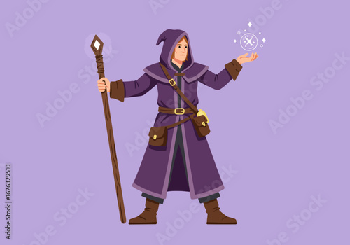 Wizard casting magic with staff wearing hooded purple robes on lavender background