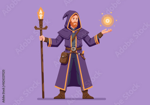 A wizard with a staff and spell hooded in purple robes casting magic with a glowing orb in hand