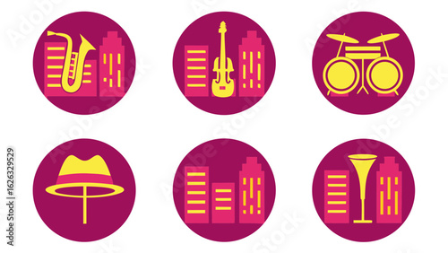 Set of icons representing jazz music and city life