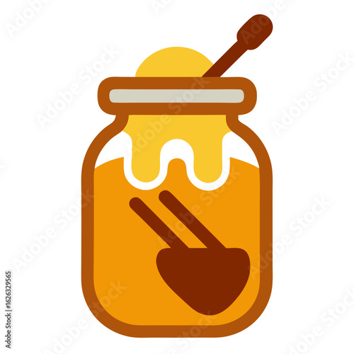 A stylized illustration of a jar of golden honey with a dipper stick inside on a black background