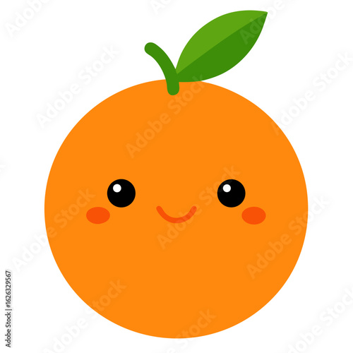 Cute happy orange character with green leaf and rosy cheeks on black background