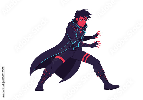 Neonlit figure in hooded cloak ready to fight wide stance  dark attire
