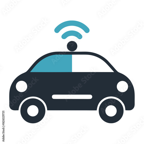 Stylized icon of a dark blue autonomous car with a blue wi fi signal emitting from the roof