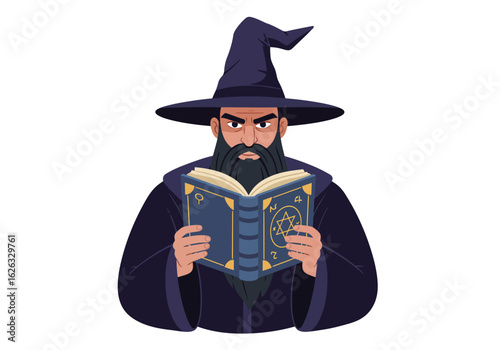 Enigmatic wizard immersed in ancient spellbook casting a powerful aura