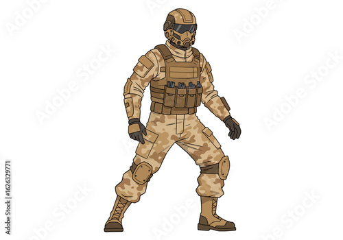 Camouflaged soldier in tactical gear ready for desert warfare helmeted and armed