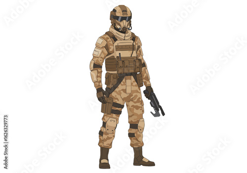 Camoclad futuristic soldier stands ready weapon in hand