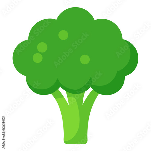 Stylized flat icon of a vibrant green broccoli floret with a thick stem on a black background