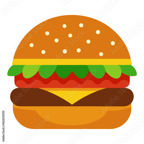 Stylized flat design hamburger with sesame seed bun cheese lettuce and tomato on black background