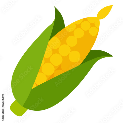 A bright yellow ear of corn with green husks and leaves isolated on a black background