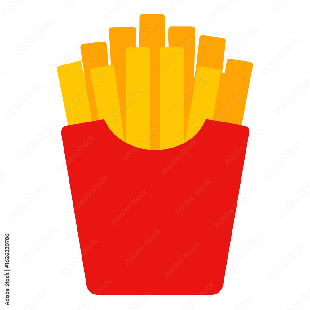 A simple flat design illustration of a red carton filled with golden french fries against a black background A simple flat design illustration of a red carton filled with golden french fries against a black background