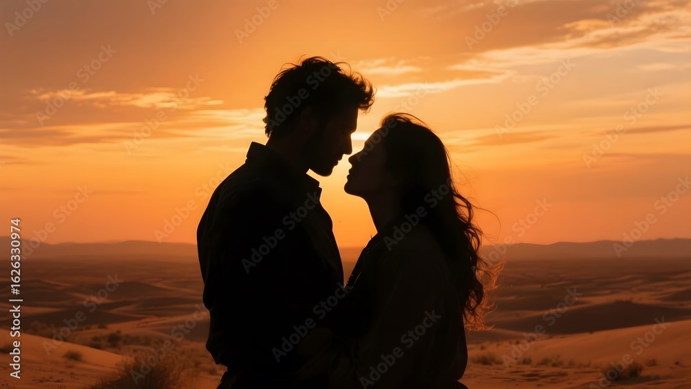 Silhouette of a couple embracing against a vibrant sunset in a desert landscape Silhouette of a couple embracing against a vibrant sunset in a desert landscape