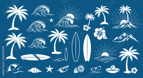 Minimalist Vector SVG Illustration of Tropical Beach Scene with Palm Trees Sun Waves and Flowers in Flat Design Style for Web and Digital Applications