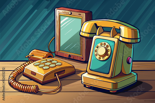 vector of An old, old phone with a screen with a hole in it. And the phone with the golden cord next to it on the old table.