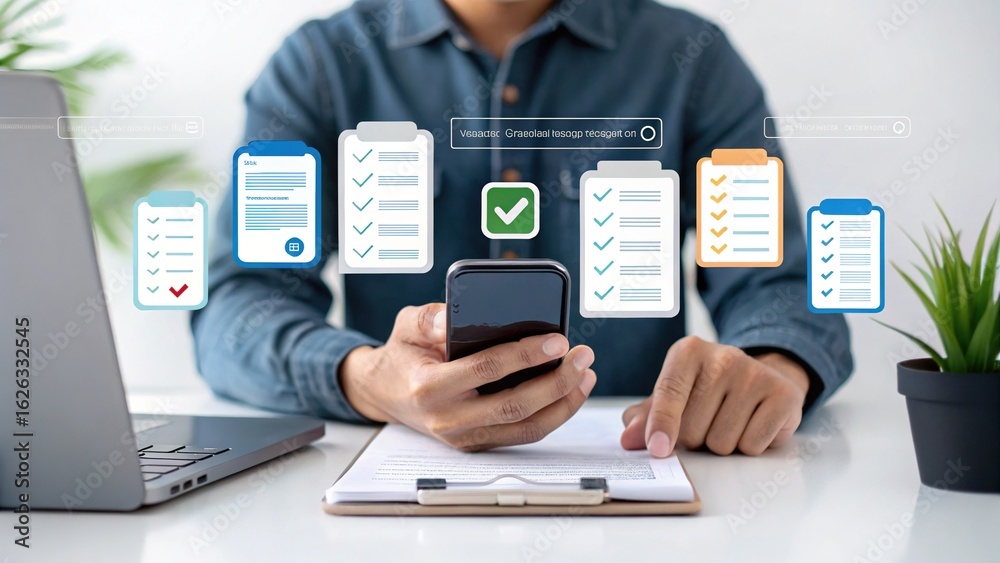 Task Management Workspace – Smartphone, Clipboard, Laptop, and Floating Checklist Icons Task Management Workspace – Smartphone, Clipboard, Laptop, and Floating Checklist Icons