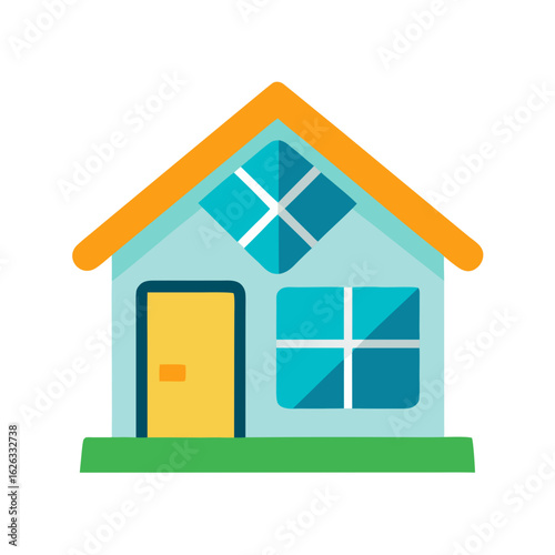 Simple flat design illustration of a light blue house with an orange roof and yellow door
