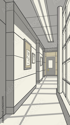 Modern minimalist office hallway with grey walls and natural light