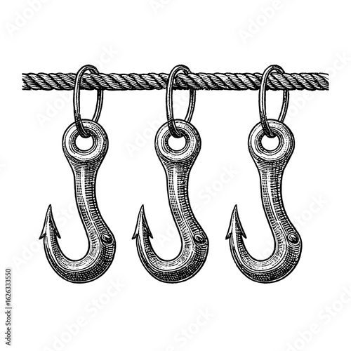 Three industrial meat hooks hanging on a rope in vintage style  