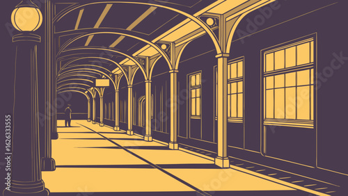 Long dark corridor with golden metallic columns futuristic architectural design