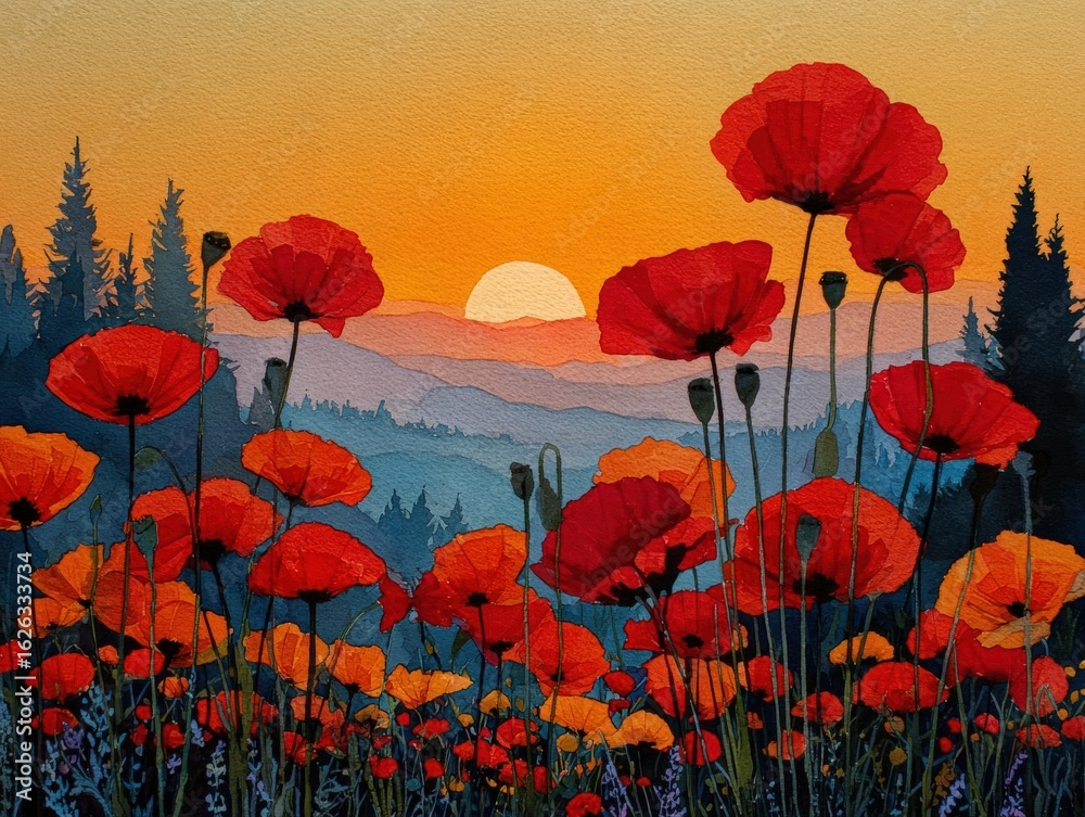 Fototapeta premium Depict a vibrant, blooming field of poppies under a golden sunrise in a whimsical countryside - watercolor