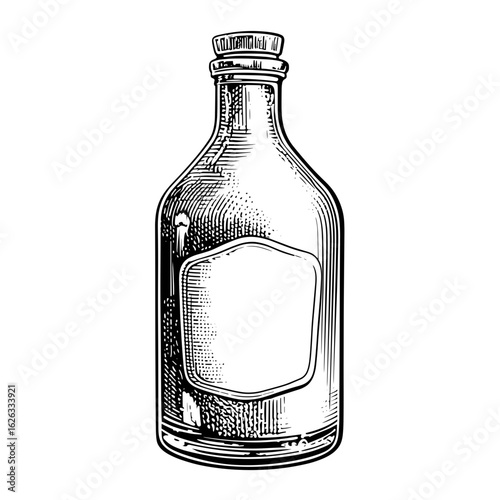 Vintage glass bottle with blank label and cork stopper  