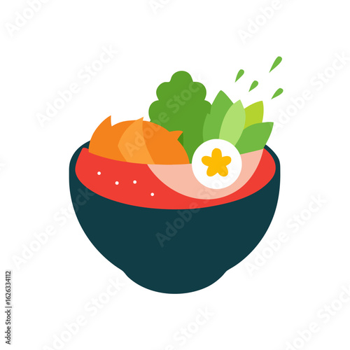 A vibrant flat illustration of a delicious bowl of food with fresh ingredients and a hard boiled egg
