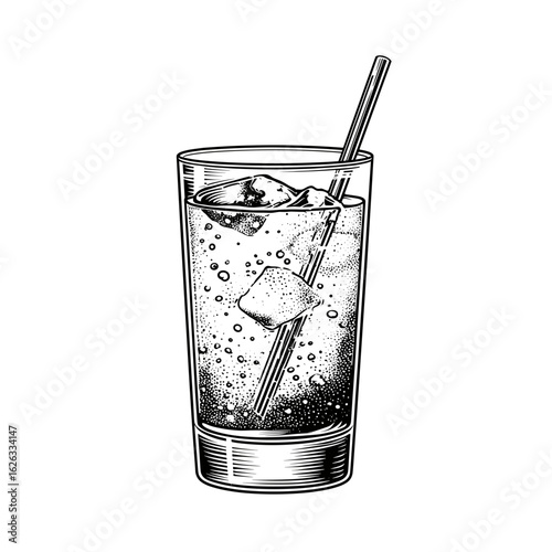 Highball glass filled with bubbles, ice, and a straw  