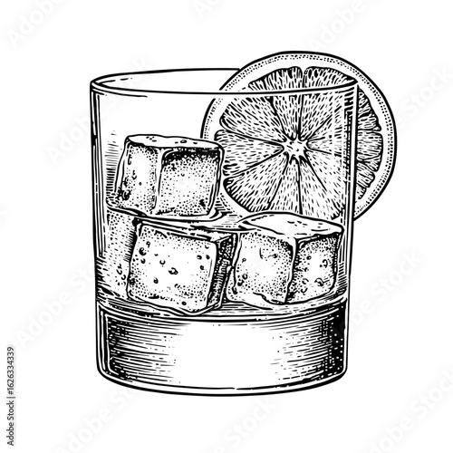Old-fashioned glass with ice cubes and orange slice illustration  