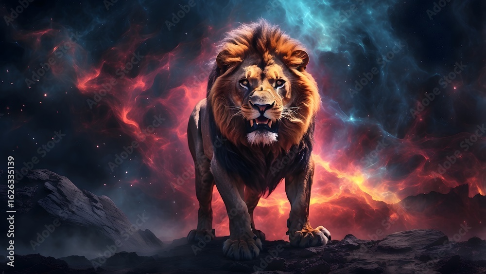 Naklejka premium A glowing nebula resembling a roaring lion in the void..Cinematic theme, HDR, Vibrant