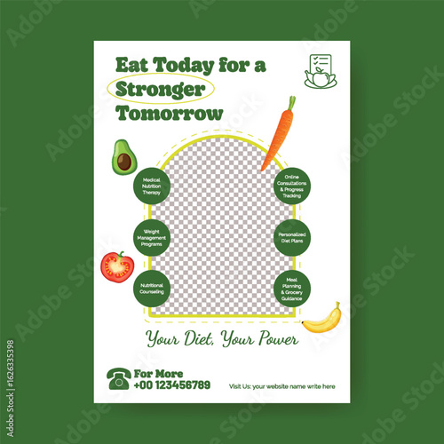 online nutrition consultant and diet plan flyer or poster design, fitness, wellness chart and nutrition consultation promotional advertisement flyer or poster vector template
