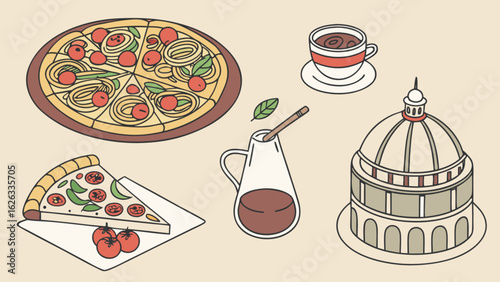 Italian food pizza pasta spaghetti wine tomato illustration