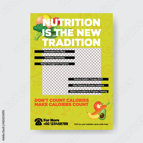 Healthy food for weight loss  print flyer or poster vector template, Meal Planning & Guidance, Online Consultations a4 vertical poster, leaflet, brochure cover design