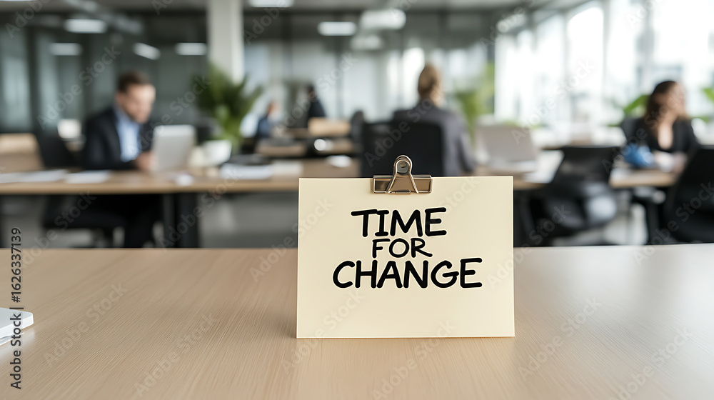 Fototapeta premium Time For Change: A sign in a busy office setting. Symbolizes transformation and new opportunities in the workspace.