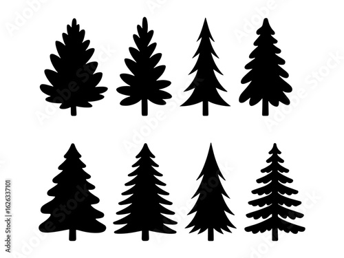 Collection of evergreen trees in black silhouette isolated on transparent background.