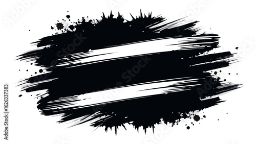 Vector art of bold black brush stroke with ink splatter and distressed texture, isolated on a clean white background for impactful design
