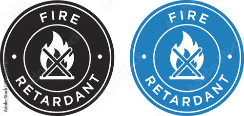 "FIRE RETARDANT" label icons in black and blue on white background