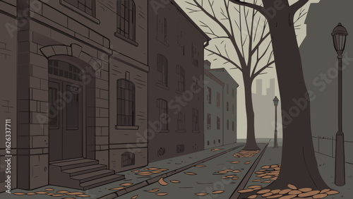 Dark and gloomy city alley with brick buildings