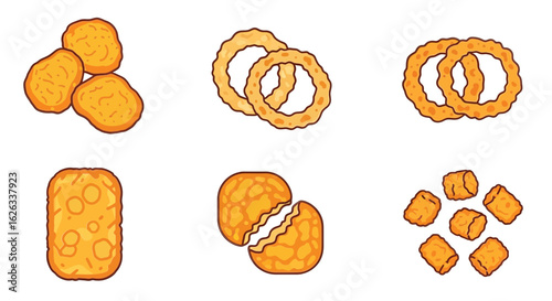Variety of Cartoon Fried Foods Illustrations on White