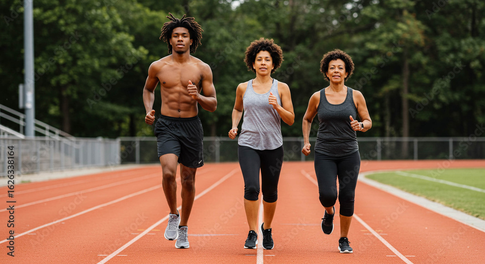 Fototapeta premium Three People Running on a Track, Athletic Training, Outdoor Fitness