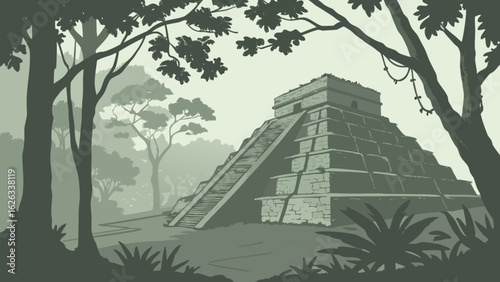 Mysterious jungle pyramid shrouded in atmospheric mist and fog