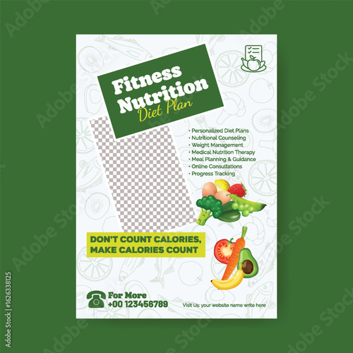 Nutrition and Fitness Promotion Diet Plan and Healthy Food Guidance print flyer or poster template,fitness wellness and nutrition consultation promotional advertisement flyer or poster vector template