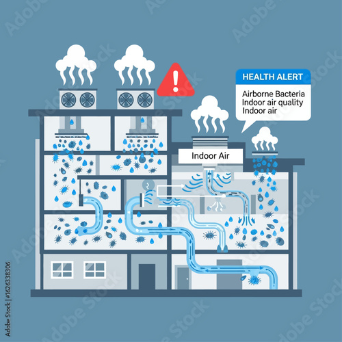 Illustration highlighting the issue of poor indoor air quality and airborne bacteria, Visual representation of indoor air contamination and health hazards associated with bacteria